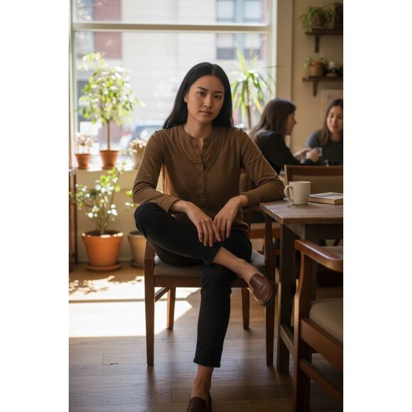 Lauren Ralph Lauren Womens Brown V Neck Henley Layered Look Top XL Casual Comfy - Picture 7 of 14